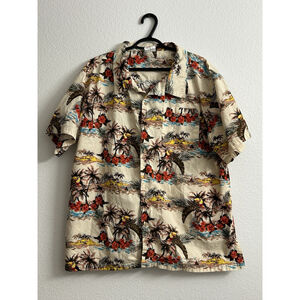 Barefoot in Paradise Hawaiian Shirt Men’s Size XL Beige Red Floral